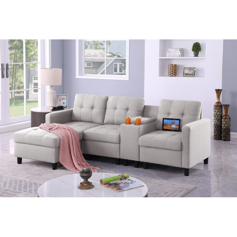5 Piece Upholstered Sofa With Ottoman And Storage&cup Holder& Usb Ports Stand Console, Light Gray