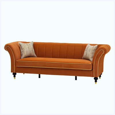 Sofa Couch Velvet Rolled Arms With Pillows Orange for Living Room