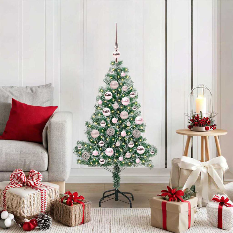 vidaXL Artificial Christmas Tree Snow Flocked with LED Light, 120 cm, with Leds & Pink Balls