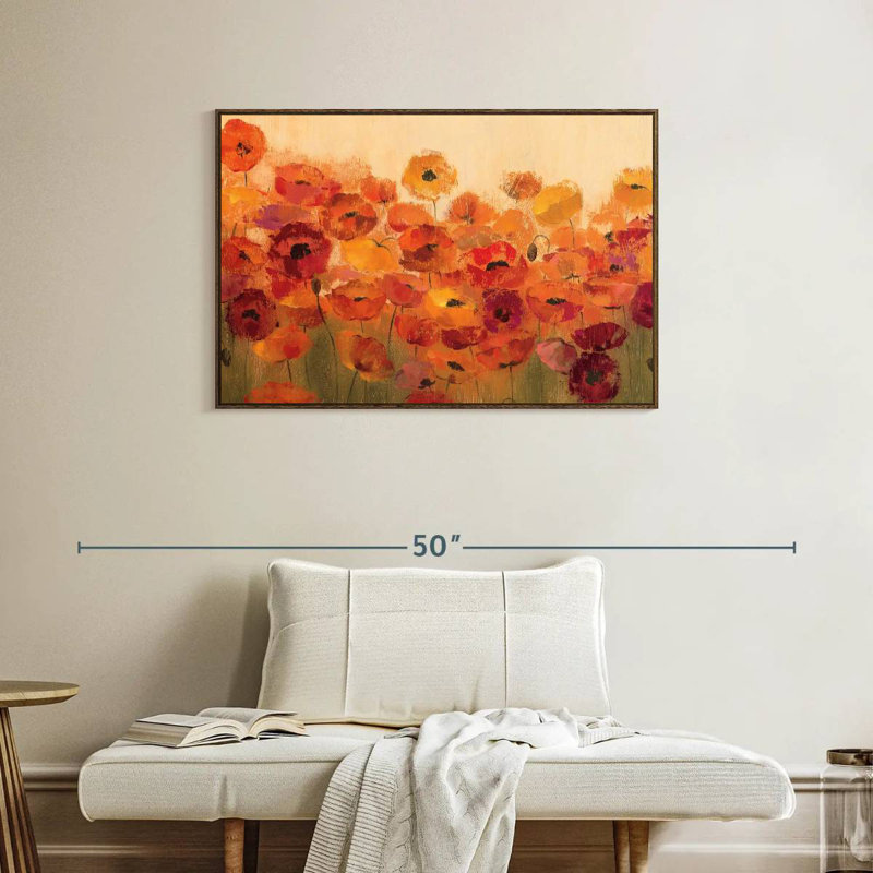 Coquelicots d'été, 31 po x 21 po, Cadre flottant noyer