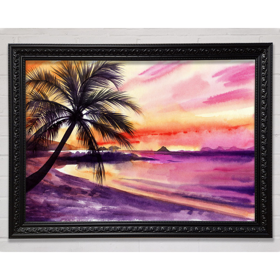 Gerahmtes Leinwandbild Watercolour Purple Palm Tree Ocean