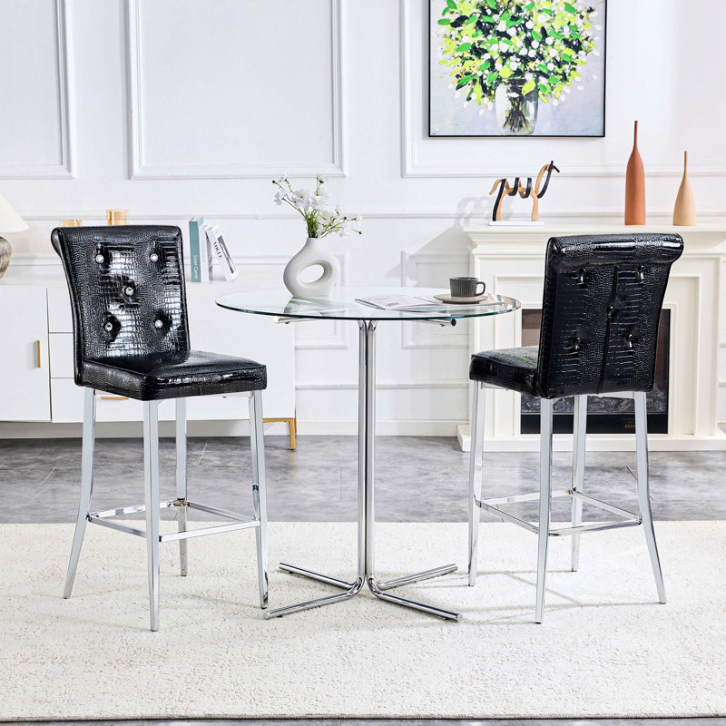 Ensemble de salle à manger moderne 3 pièces à hauteur de bar avec tabourets à motif crocodile et table en verre trempé, Black