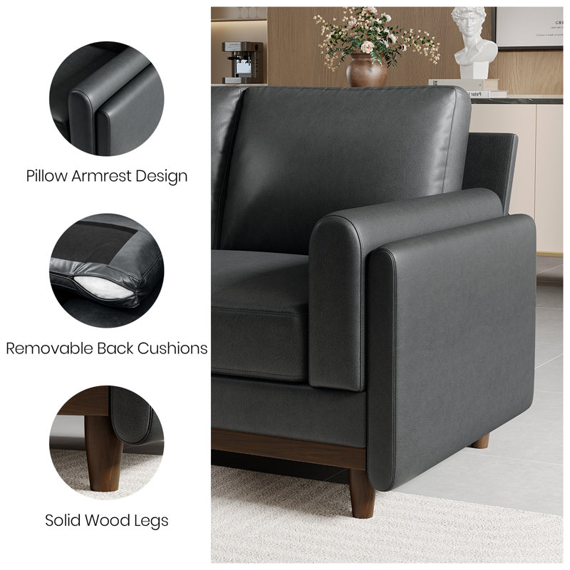 87" Luxury Upholstered Faux Leather Sofa, 3-Seater Couch With Soild Wood Legs For Living Room, Office , Gray Faux Leather