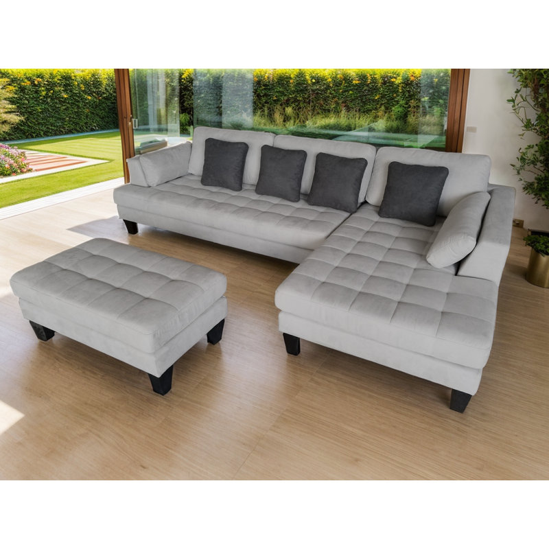 Canapé modulaire en microfibre avec repose-pieds Pritesh, Accoudoir à droite (vu de face), Microfibre/microsuède gris clair