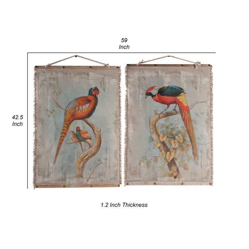 Peinture d'oiseaux colorés sur toile, 2 pièces