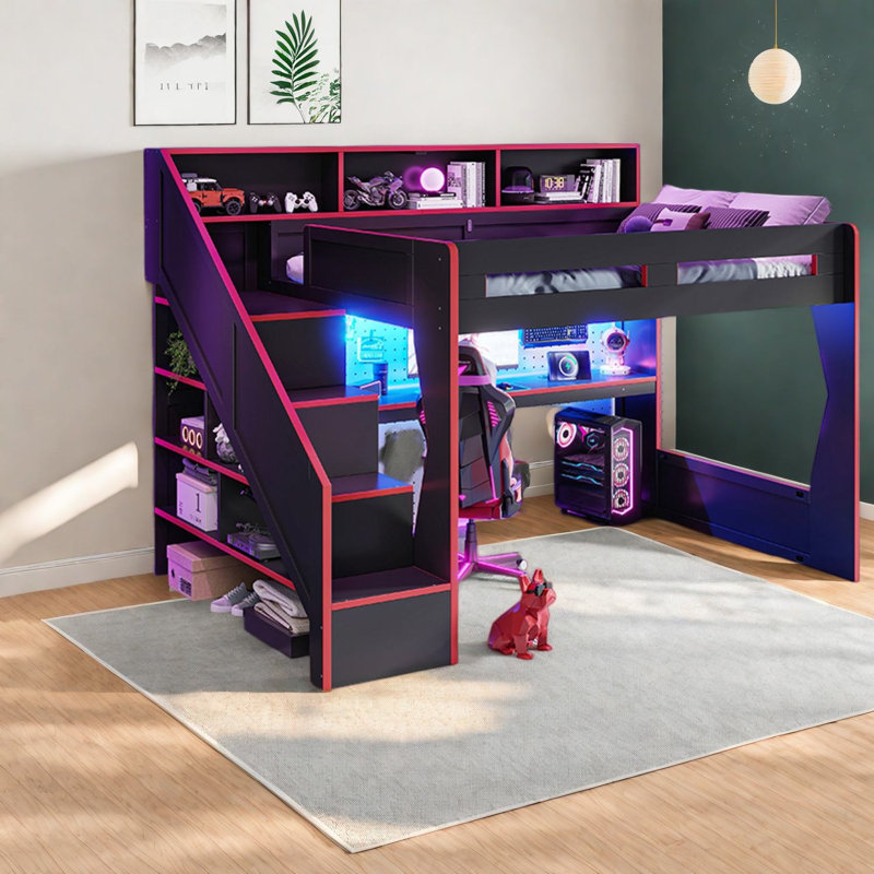 Lit Queen multifonctionnel avec rangement, mezzanine moderne en bois MDF pour jeux vidéo à domicile, Noir