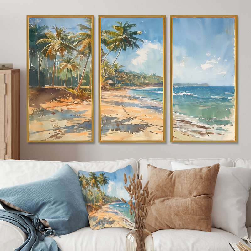 Ensemble de salon art mural bleu et vert avec palmiers Coastal Breeze, Toile avec cadre flottant or