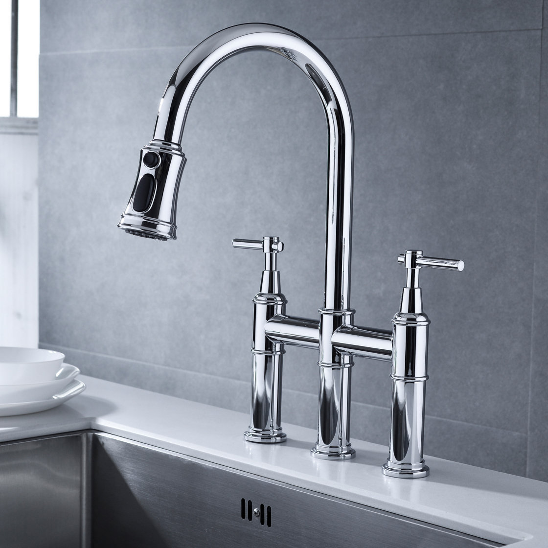 Bridge Faucet With Pull Down Sprayer