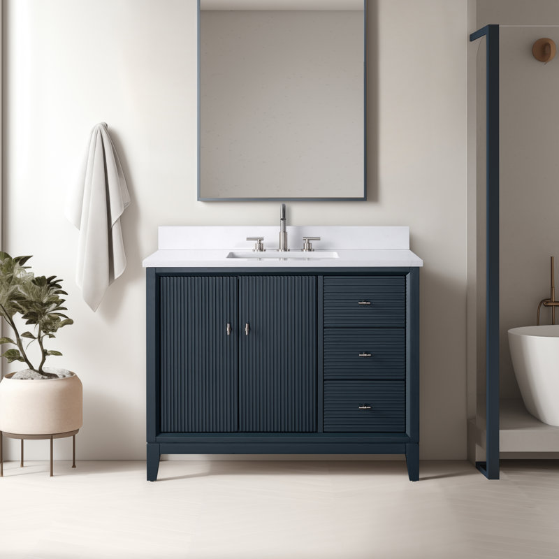 42" Single Bathroom Vanity with Engineered Marble Top, Brushed Nickel, Vintage Spruce Blue, Ariston White