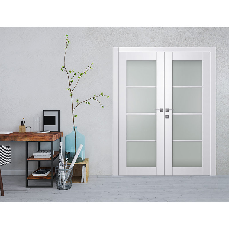 White Pine and Frosted Glass 4 Lite Prehung French Door