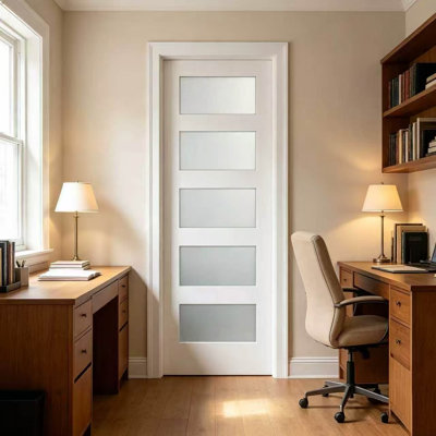 Porte intérieure 80 po x 80 po, panneau de fibres à densité moyenne et bois massif, 3/8 po Panneau de verre givré 5-Lite