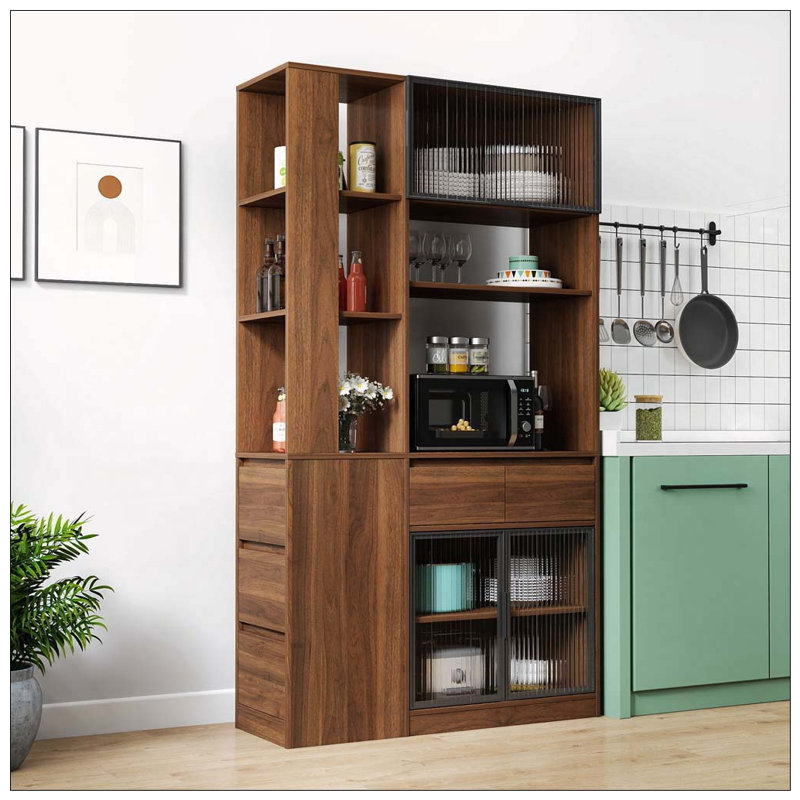 Grande armoire de rangement avec portes en verre, tiroirs et tablettes de présentation, Noyer