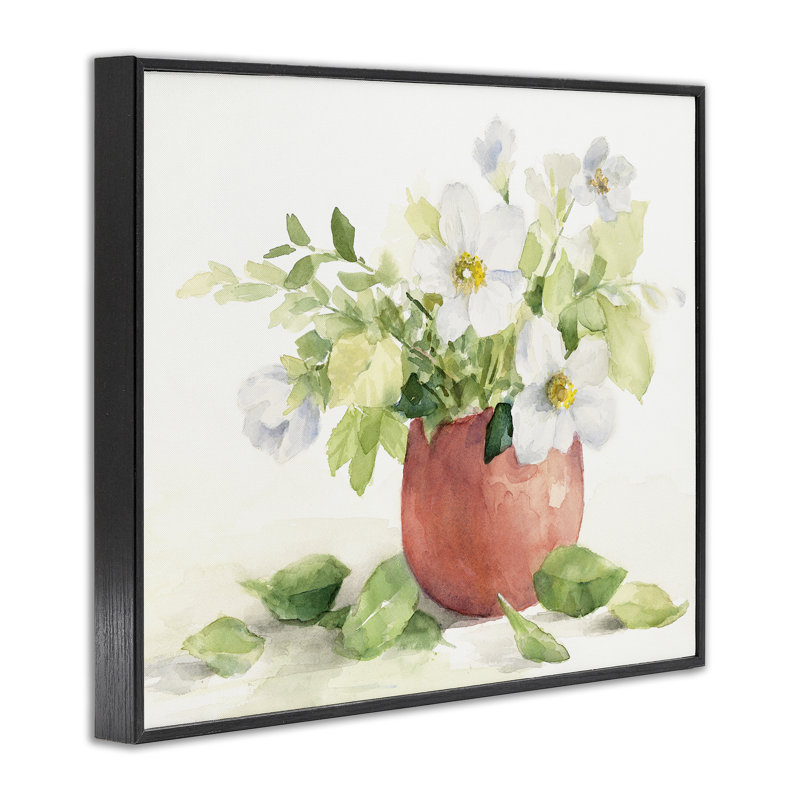 Anémones blanches dans un vase en cuivre, estampe numérique, design par Lanie Loreth, Giclée encadrée noir minuit