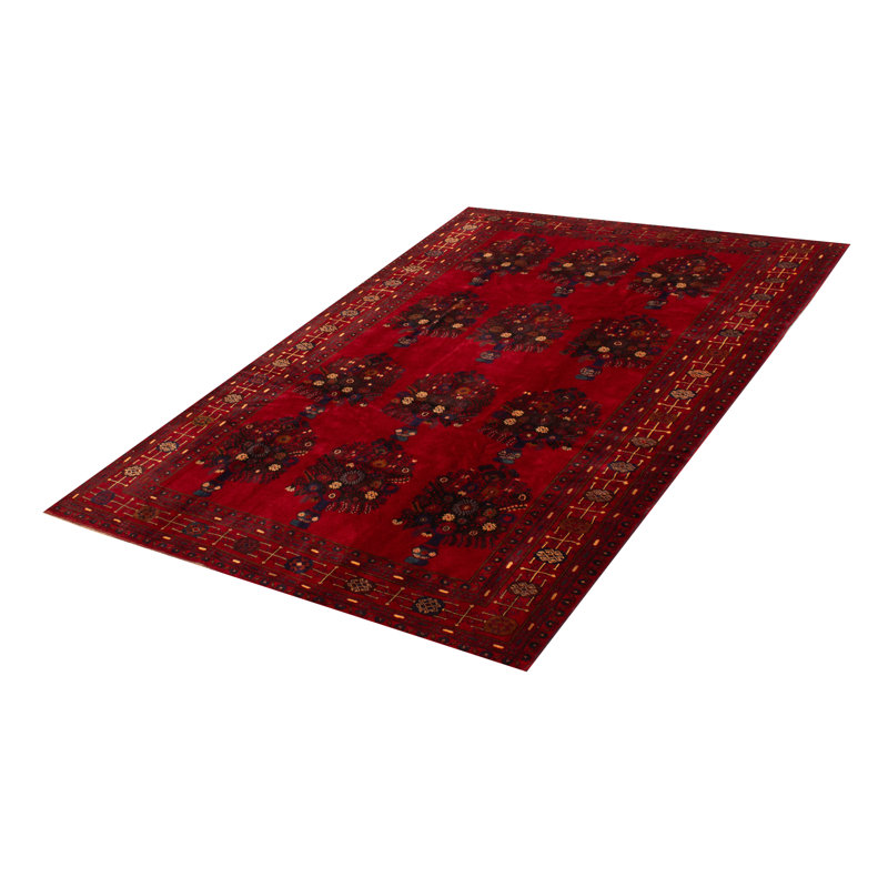 Tapis rouge en laine noué à la main de conception unique 6 pi 9 po x 9 pi 7 po Teimani
