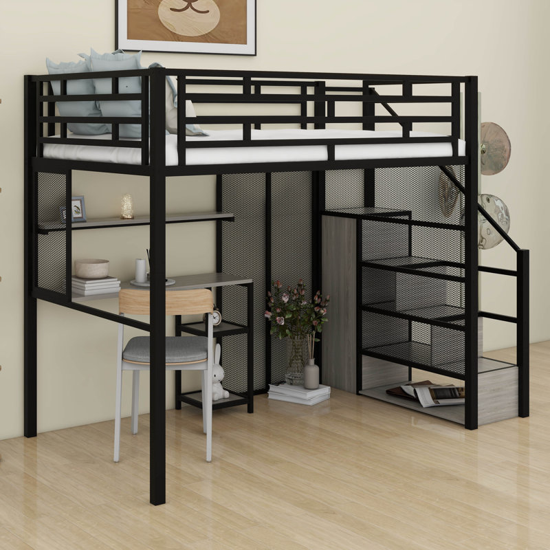 Lit mezzanine double en métal avec garde-robe, bureau et tablettes de rangement, cadre de lit peu encombrant pour petite pièce