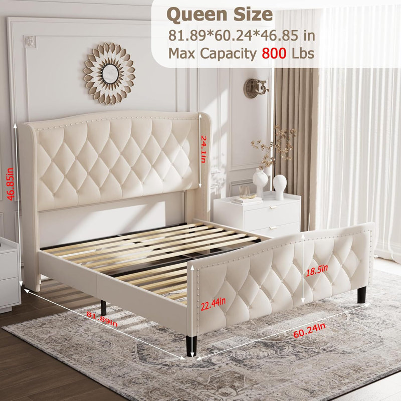 Velvet Upholstered Platform Bed, No Box Spring Needed, Blue, Queen