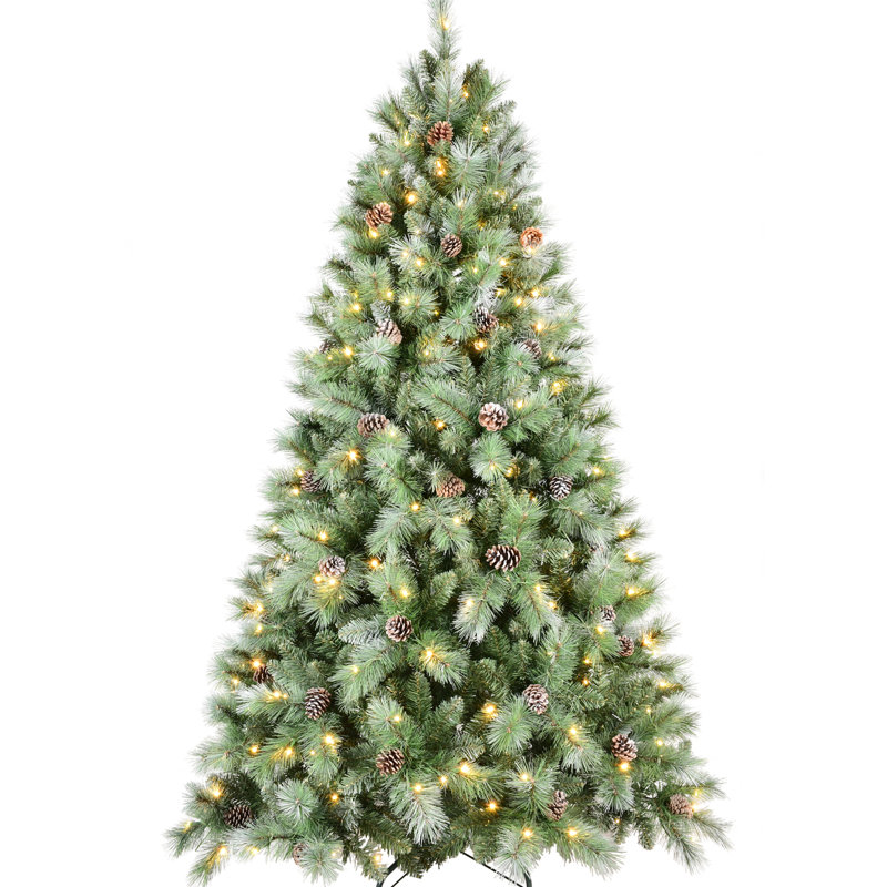 Arbre de Noël 72 pouces 72 pouces avec 300 lumières douces et chaudes, 988 branches, 66 branches de pin, une structure à charnières à installation rapide et un support solide 6 lumières DEL préinstallées