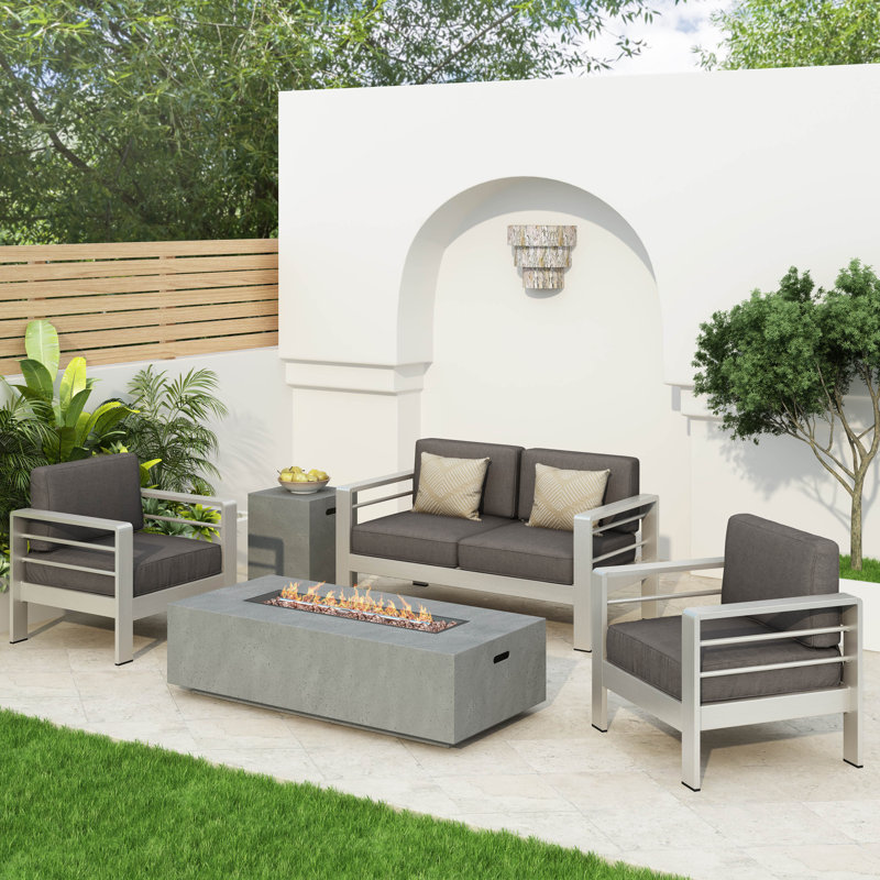 Caggiano 4 - Person Patio Conversation Set with Cushions, Gray Cushion/Silver Frame + Light Gray Firepit
