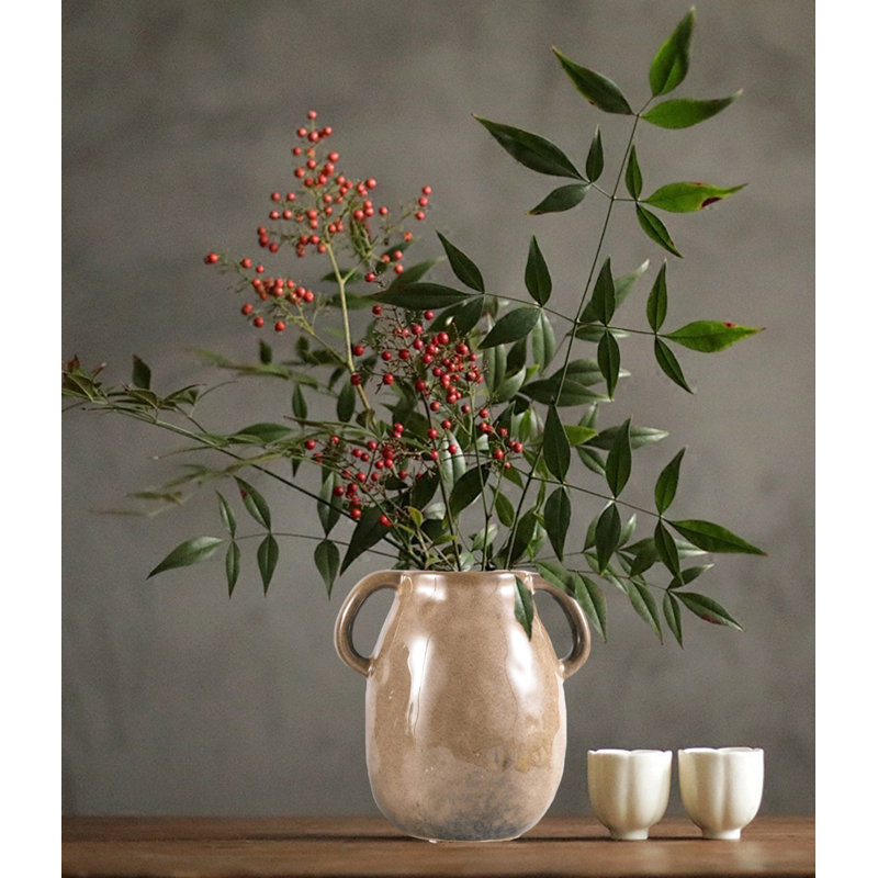 Ceramic Vase With 2 Handles, Farmhouse Vase For Home Decor, Brown
