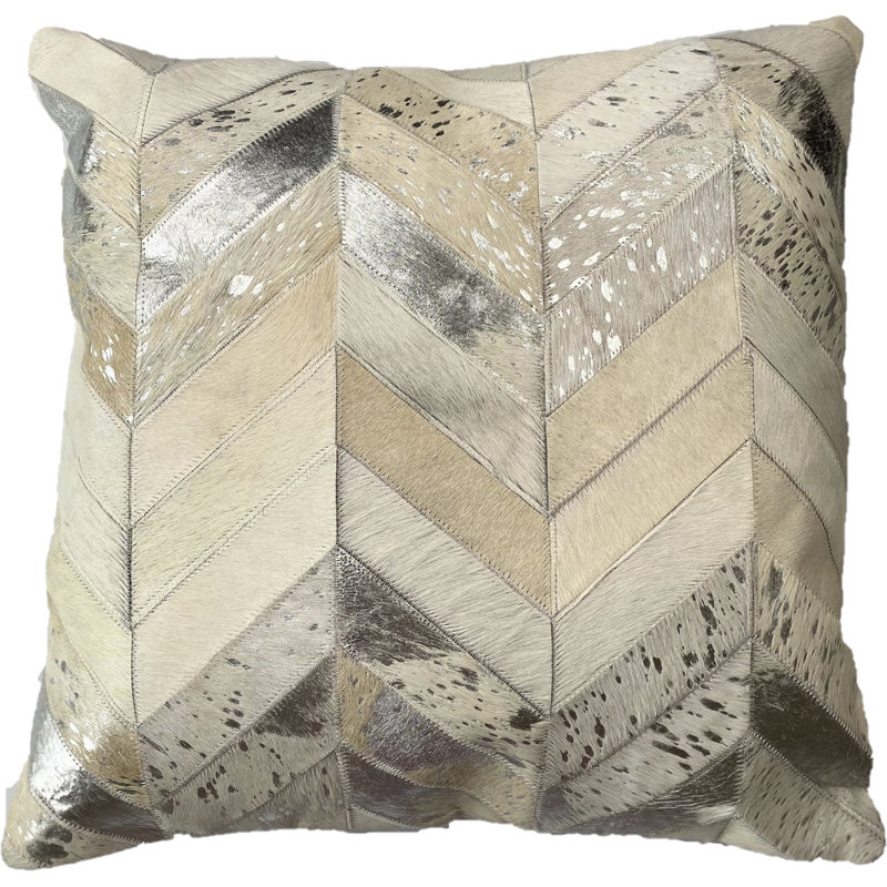 Ashen Luxury Metallic Cowhide Chevron Pillow – Natural Ivory & Silver Splatter, Square 20" x 20", Gray/Beige/Ivory Chevron