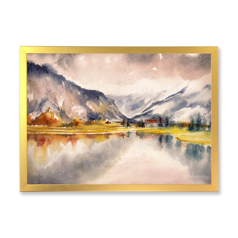 Paysage d'automne avec le ciel reflété sur le lac - Peinture sur toile, H 24 po x l 32 po, Cadre doré