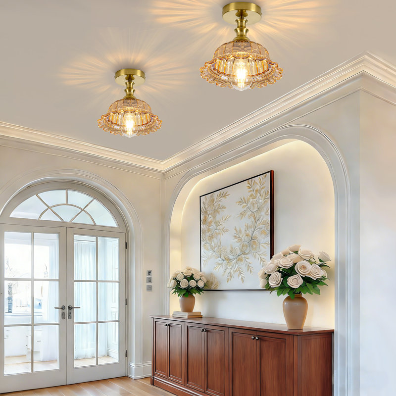1-Light 9.8"W Vintage Floral Glass Flush Mount, Gold, Beige