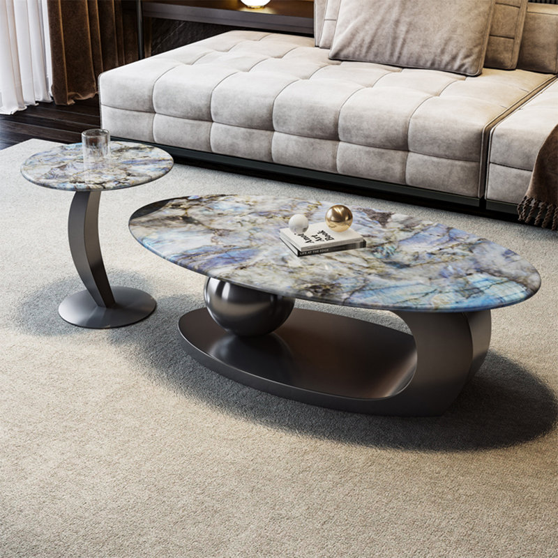 Microcrystalline stone oval coffee table, 16.5" H x 47.2" L x 23.6" W