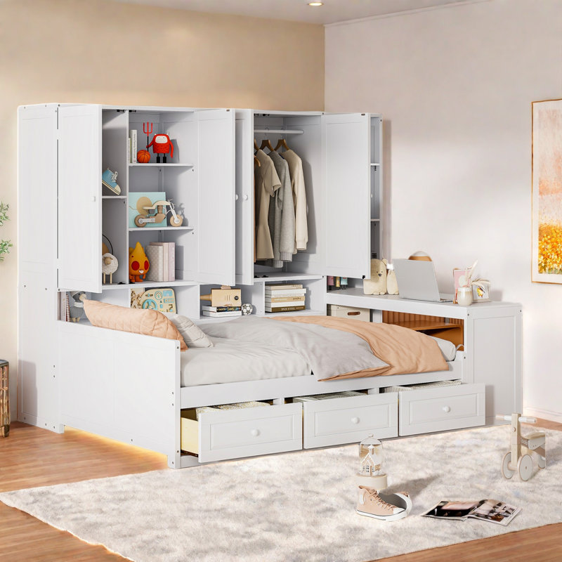 Wooden Daybed With Three Drawers, All-in-one Cabinet, Desk And Shelves, White, Full / Double