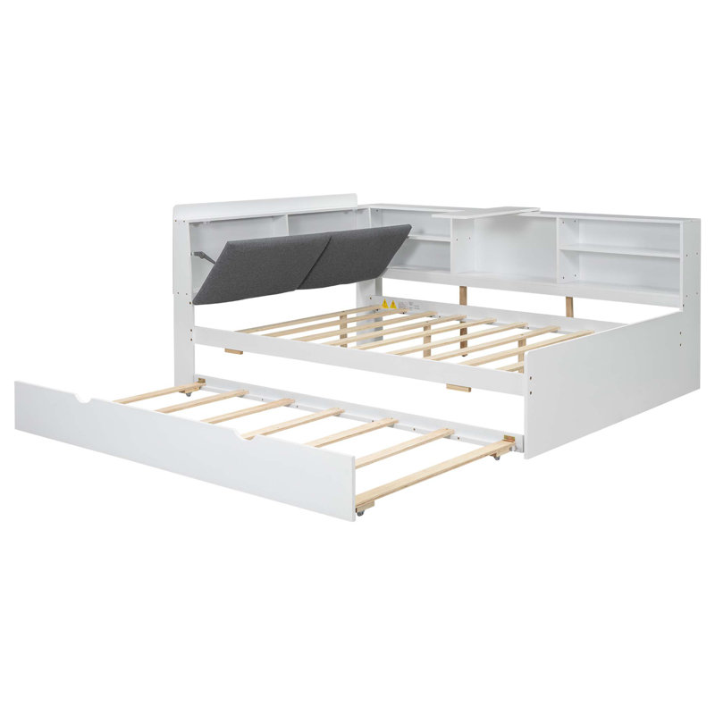 Lit plateforme en bois avec lit gigogne, tablettes et tête de lit avec rangement, Lit double, Blanc