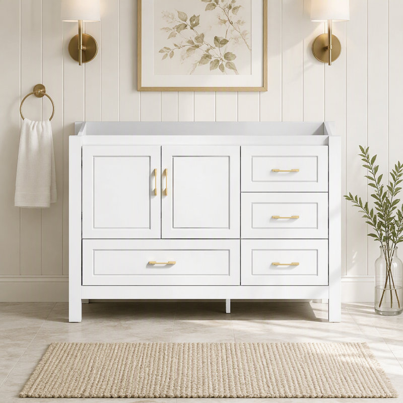 Meuble-lavabo autoportant 48 po avec 2 portes à fermeture douce et 4 tiroirs, armoire seulement, White
