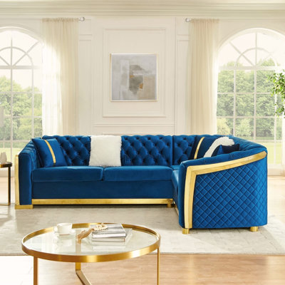 106 Inches L-Shaped Chesterfield Sectional Sofa Set with Gold Stainless Steel Accents, Velvet Button Tufted Sofa with 5 Pillows Luxury Couch for Living Room,Blue