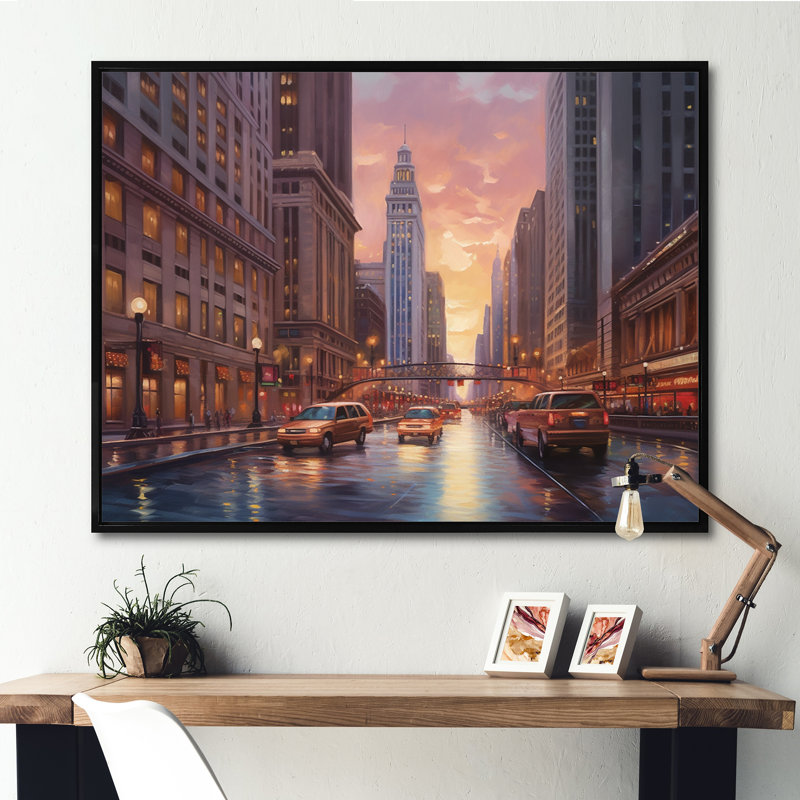 Chicago City Scene V, reproduction d'art sur toile, H 16 po x l 32 po x P 1 po, Cadre flottant noir