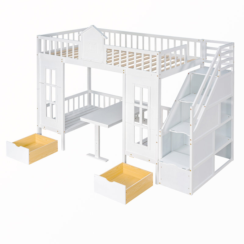 Lit superposé avec table à langer Geraine, lit superposé se transformant en lit supérieur et bureau en duvet, Blanc