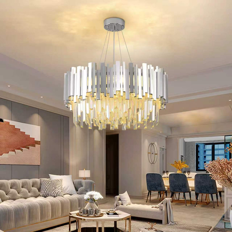Modern Chandelier Crystal Light, Crystal Ceiling Light, E14 Lights for Dining Room, Kitchen, 55cm x 30cm, Silver, 9