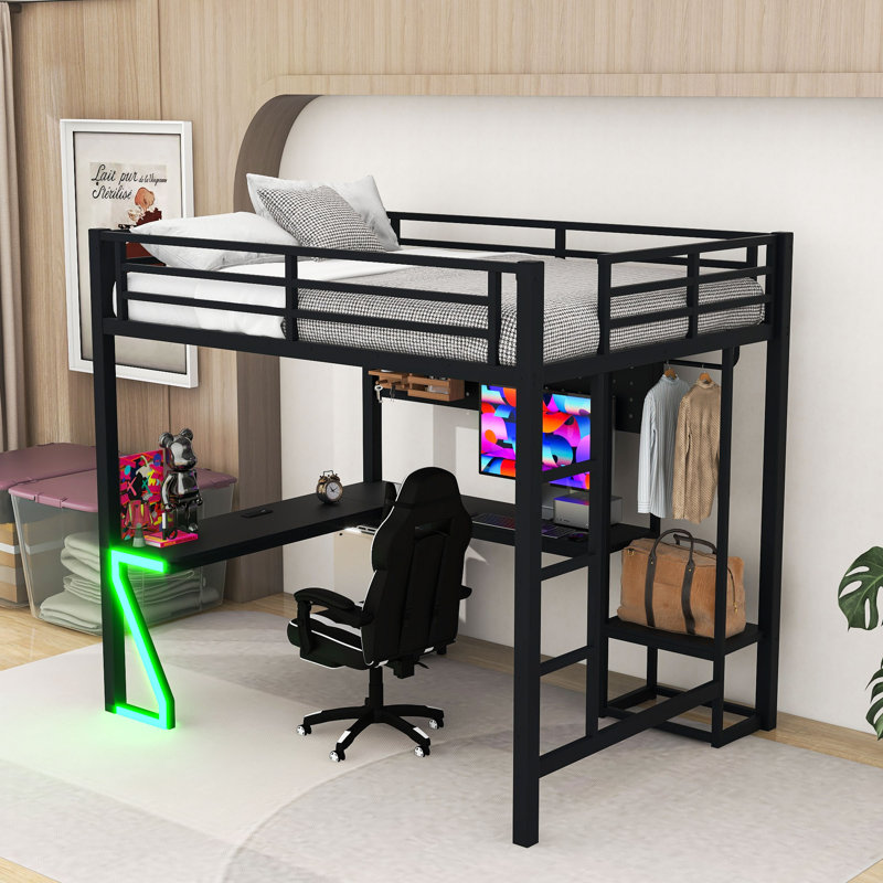 Lit mezzanine avec bureau, ports USB, plateau d'ordinateur, panneau perforé et lumières, Full