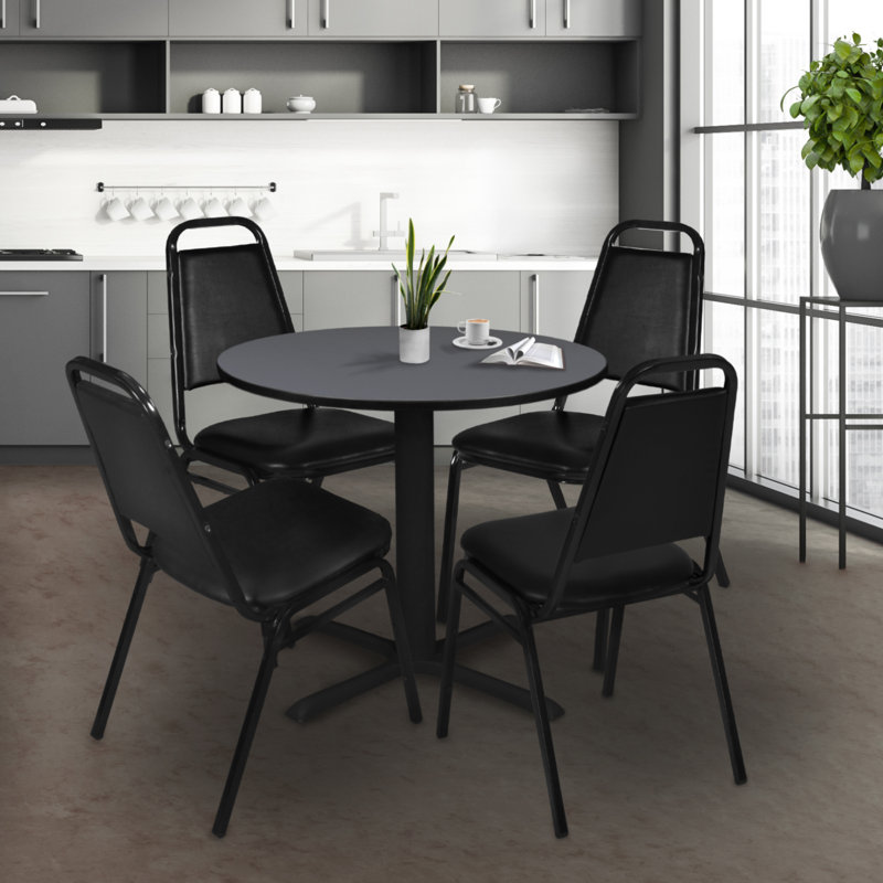 Neyland Cain Round X-Base Breakroom Table & 4 Restaurant Stack Chairs, Gray, 30"