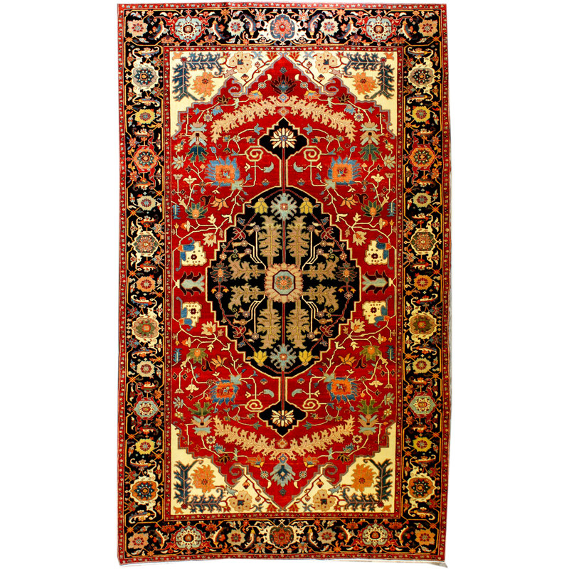 Tapis unique rouge / rouille / bleu marine tissé à la main de 8 pi 5 po x 12 pi 10 po Serapi