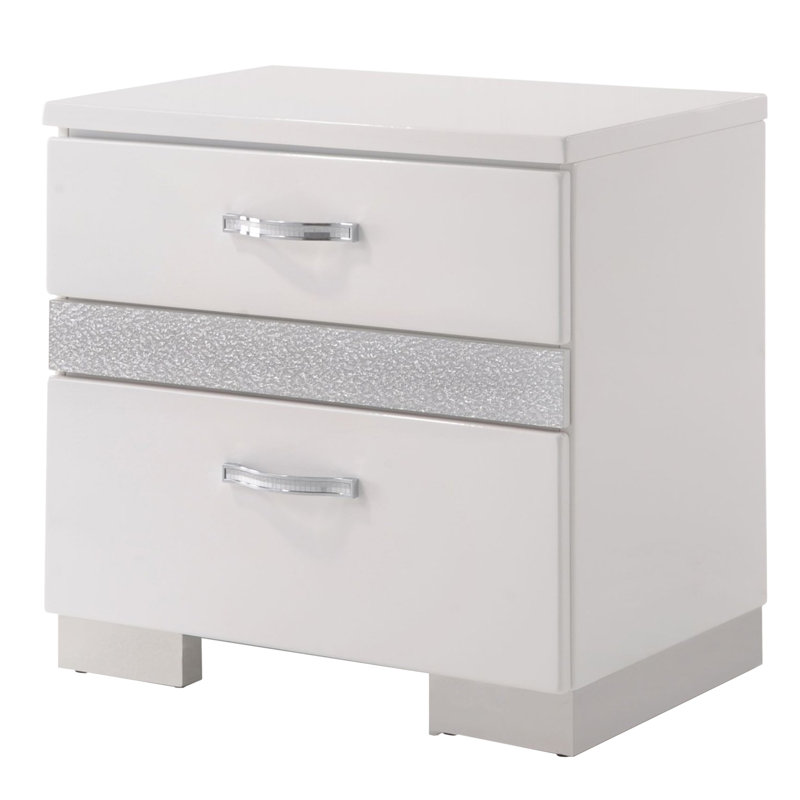 Majorca 3 Drawer Nightstand, Glossy White & Silver Finish Solid Wood Bedside Table with Metal Handle