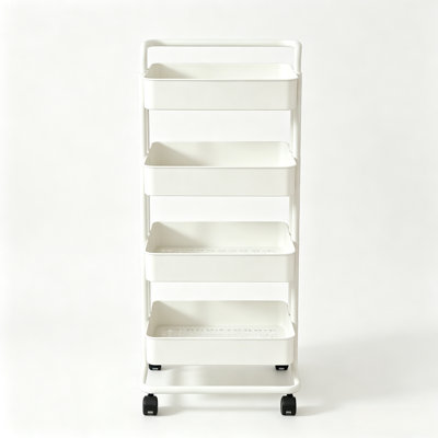 4‑Tier Rolling Utility Cart, Mobile Storage Organizer with Wheels, White Multi‑Purpose Shelving Cart for Kitchen, Bathroom, Office