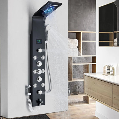 Stainless Steel LED Shower Panel Tower Rain&Waterfall Massage Body Jets System