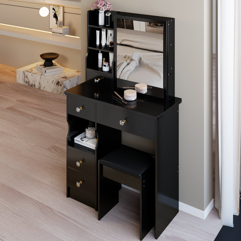 Table de coiffeuse de 29,2 po avec tiroir de gauche, tabouret rembourré, très grand miroir coulissant à droite, rangement multicouche à grande capacité, convient aux petites chambres à coucher, design américain, pièces noires,