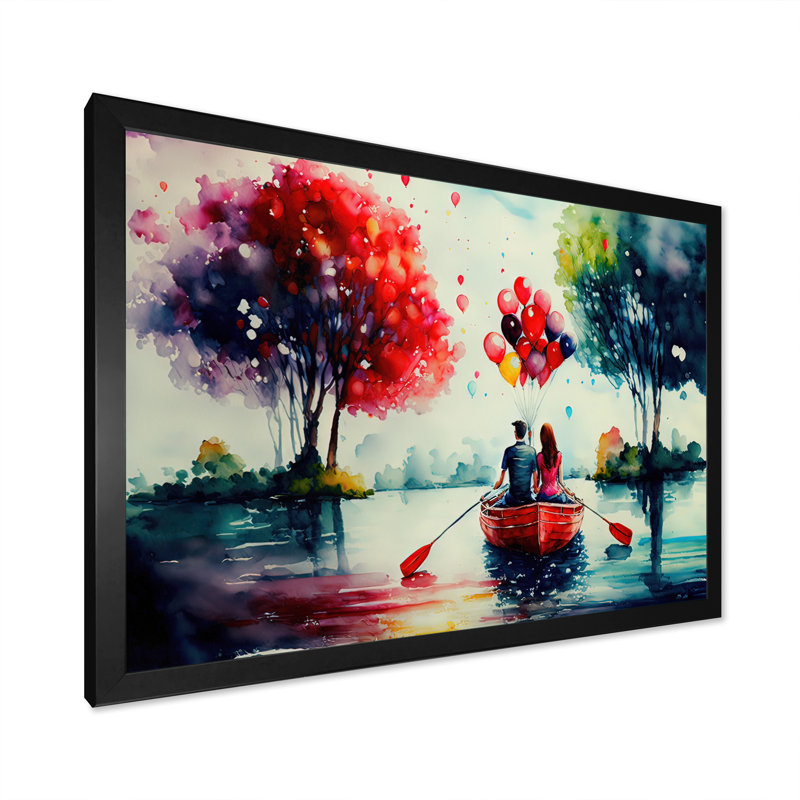 Couple romantique sur l'eau I - peinture sur toile, H 16 po x l 32 po x P 1 po, Cadre photo noir