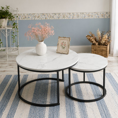 Nesting Coffee Table Set of 2, 27.6inch Round Coffee Table Industrial Wood Finish