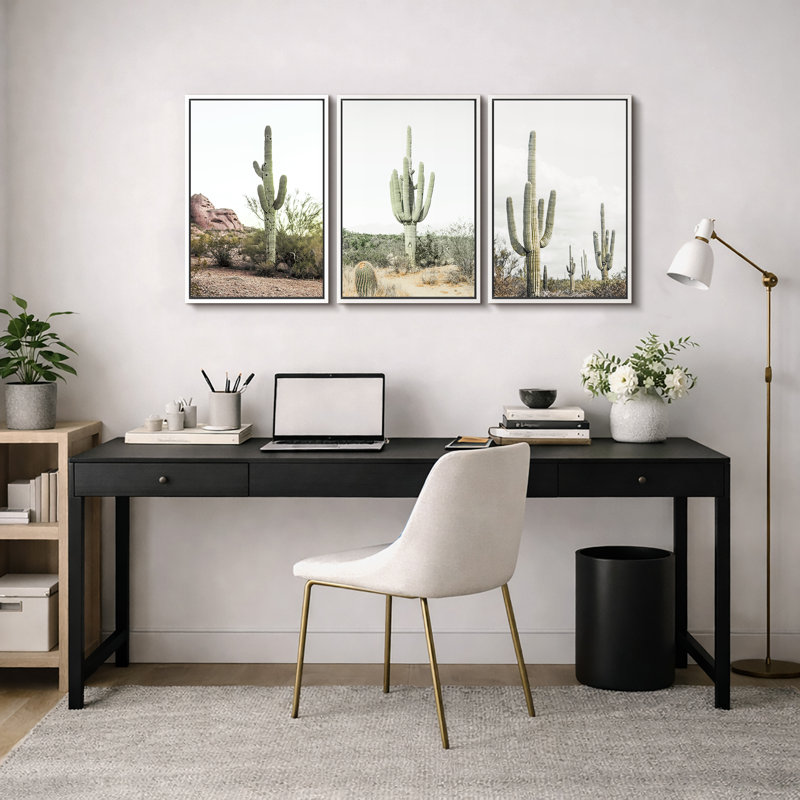 Cactus désert "Southwestern Green Saguaro, Cadre flottant blanc, H 24 po x l 48 po