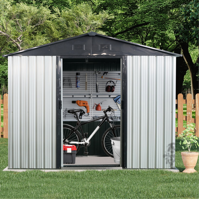 Outdoor Metal Storage Shed 8Ft X 4Ft. White And Black. Galvanized Steel For Durability. Tilted Roof & Lockable Door. Comes With Foundation Perks 4Ft Backyard, Patio, Lawn. Construction. With Benefits