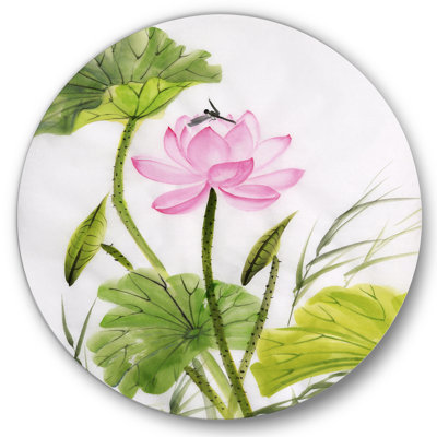 Simple fleur de lotus rétro avec feuilles vertes - art mural traditionnel cercle en métal