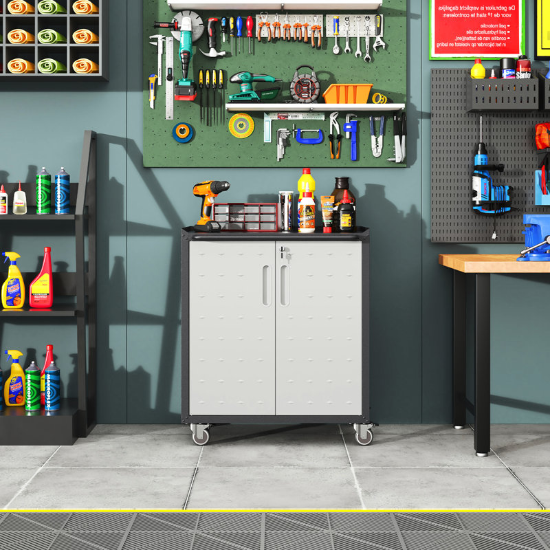 Armoire de garage en métal sur roulettes - Vaste espace de rangement. Tablettes réglables, rouille et rayure. Noir gris L 30,34 po x P 16,71 po, H 34,16 po, mobile et polyvalent pour le garage, le bureau.