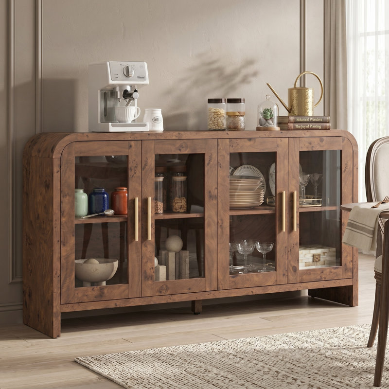 Buffet incurvé moderne, armoire de rangement pour buffet, console multimédia avec 4 portes en verre et tablettes réglables