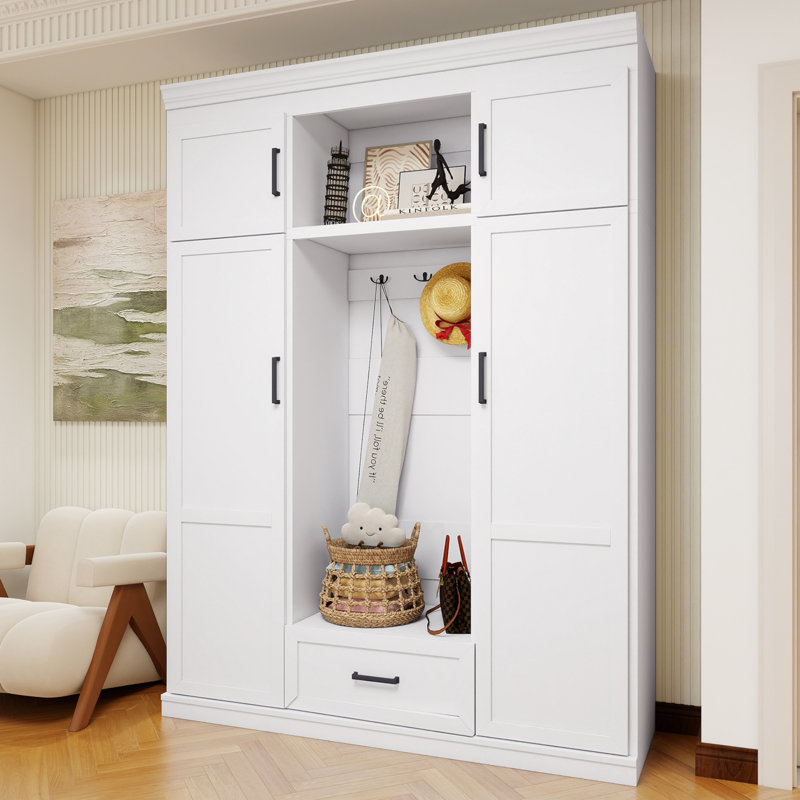 White Hall Tree With Bench And Shoe Storage,Farmhouse Hall Tree With Doors,Mudroom Bench With Storage,Mudroom Cabinet Furniture,Entrance Organizer For Hallway, Entryway