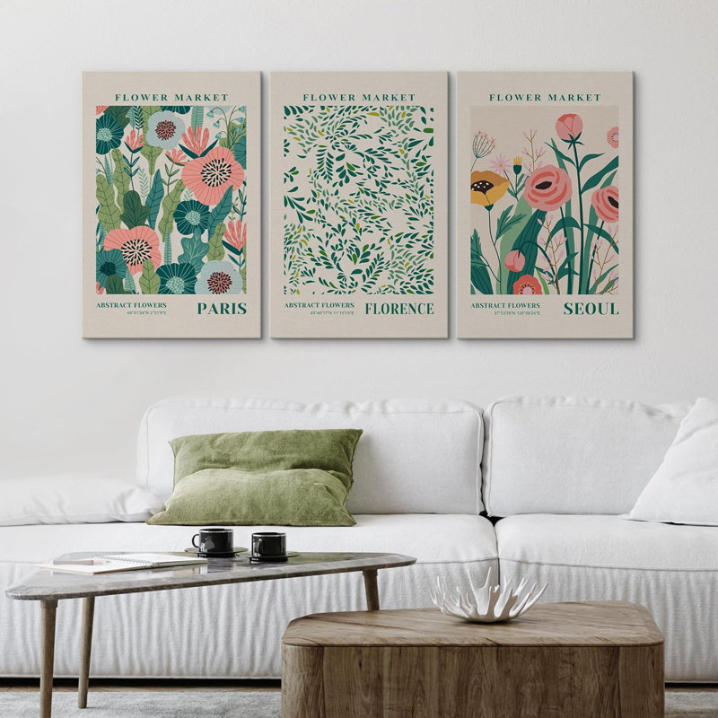 Watercolor Pastel Vibrant Flower Market 3 pièces, H 24 po x l 16 po, Toile tendue, Sans cadre